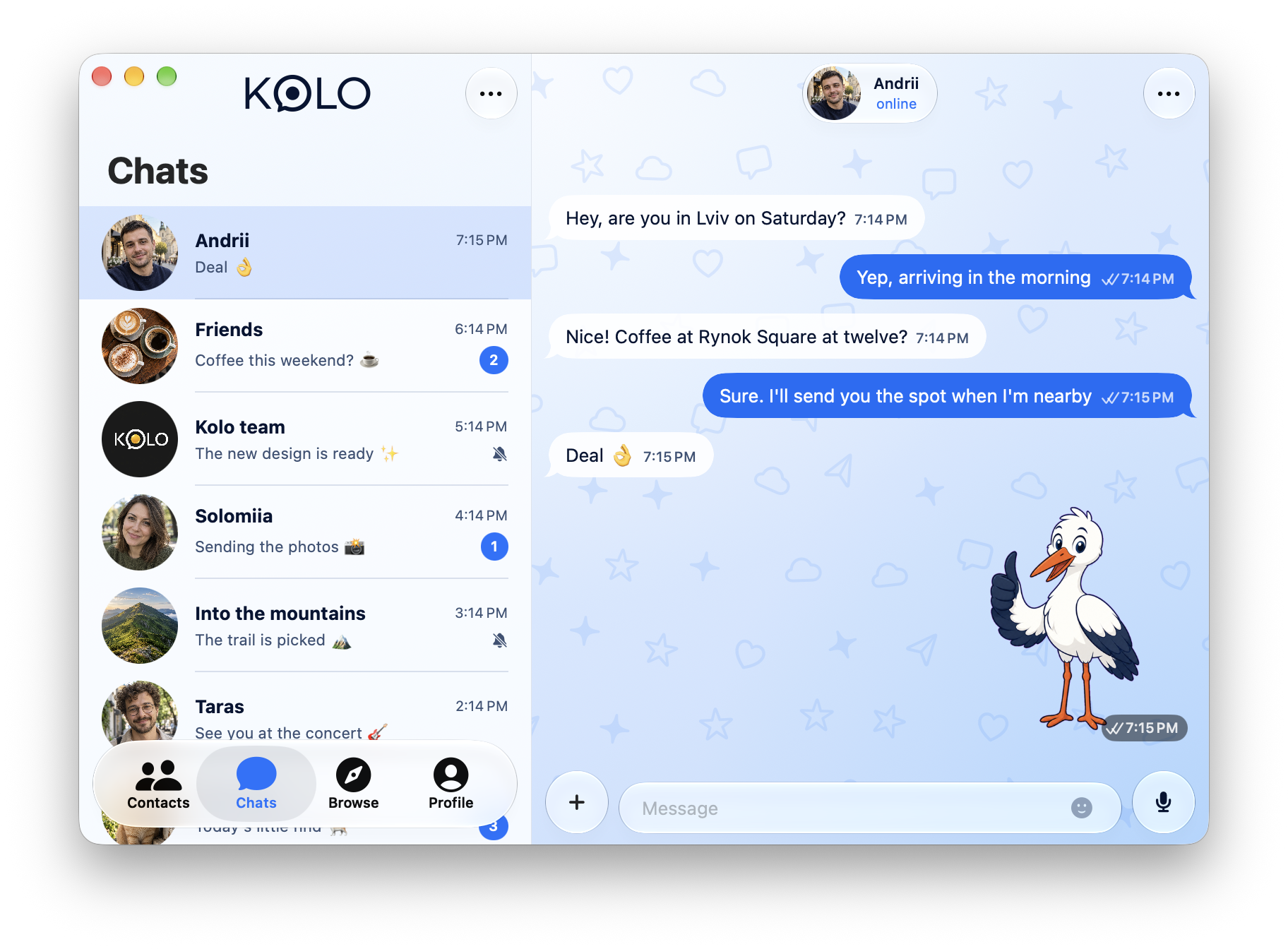 Kolo on macOS with a chat list and a conversation with Andrii